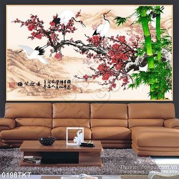Tranh thư pháp chim hạc và hoa đào