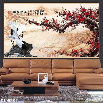 Tranh thư pháp him hạc và hoa đào