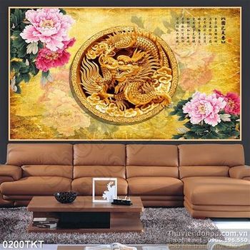 Tranh kim tiền rồng và hoa mẫu đơn