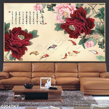 Tranh thư pháp hoa và cá chép