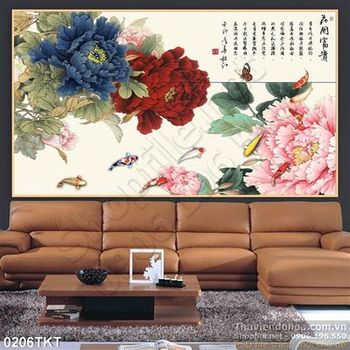 Tranh thư pháp hoa mẫu đơn và cá chép