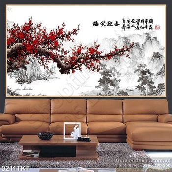 Tranh thư pháp hoa đào và sơn thủy