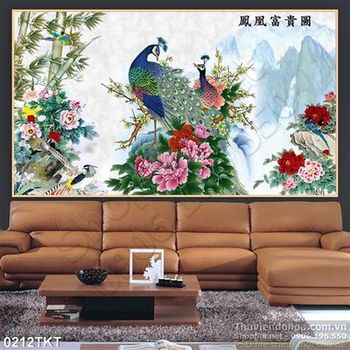 Tranh thư pháp chim công và hoa mẫu đơn