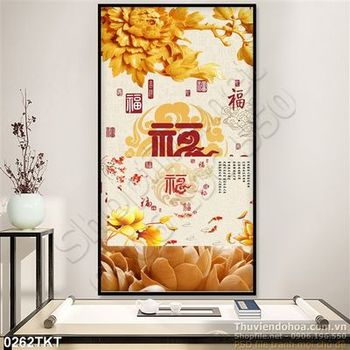 Tranh kim tiền hoa cúc thư pháp