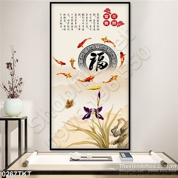 Tranh thư pháp cá chép và hoa