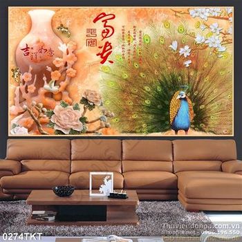 Tranh kim tiền chim công thư pháp