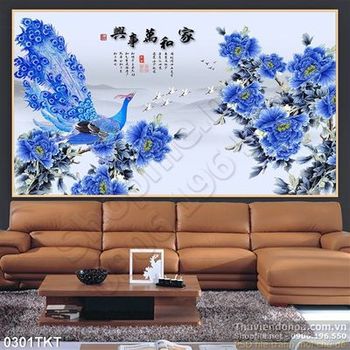 Tranh thư pháp chim công và mẫu đơn