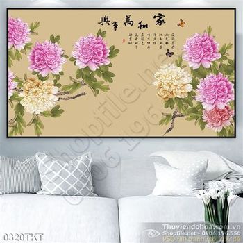 Tranh thư pháp hoa mẫu đơn nghệ thuật