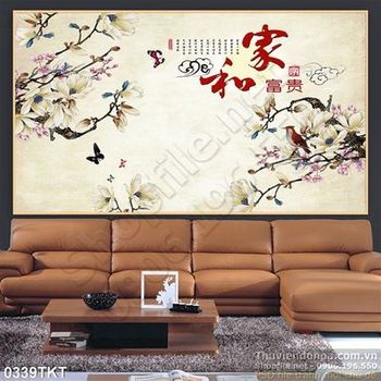 Tranh thư pháp hoa mùa xuân và chim én