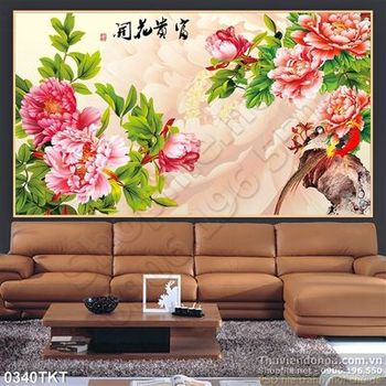 Tranh thư pháp hoa mẫu đơn