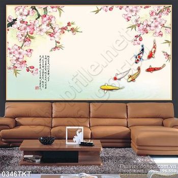 Tranh thư pháp hoa đào và cá chép
