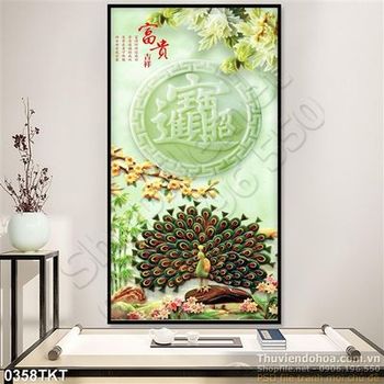 Tranh thư pháp chim công và mùa xuân