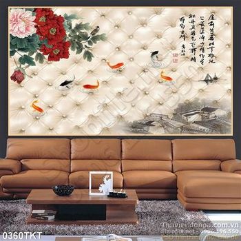 Tranh thư pháp hoa mẫu đơn và cá chép