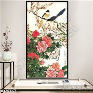 Tranh thư pháp hoa đào và mẫu đơn