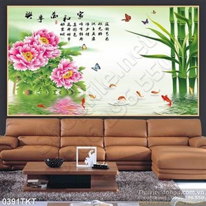 Tranh thư pháp tre và hoa mẫu đơn