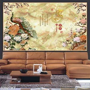 Tranh thư pháp chim công và hoa