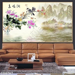 Tranh thư pháp hoa đào và chim yến