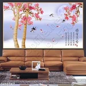 Tranh thư pháp chim én và hoa đào