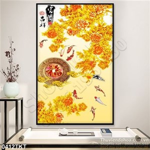 Tranh kim tiền hoa mẫu đơn và cá