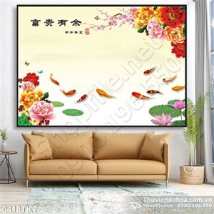 Tranh kim tiền hoa mẫu đơn cá chép