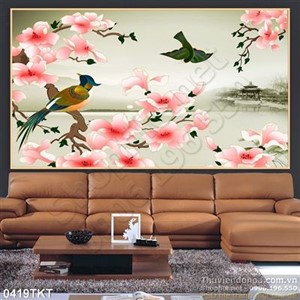 Tranh thư pháp hoa đào sơn thủy