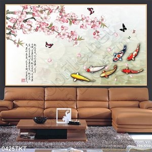 Tranh thư pháp hoa và cá Koi