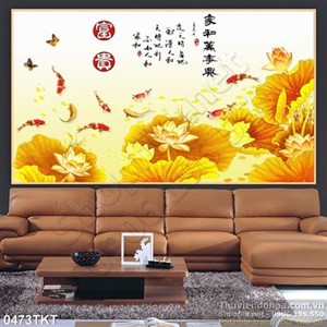 Tranh kim tiền hoa sen và cá Koi