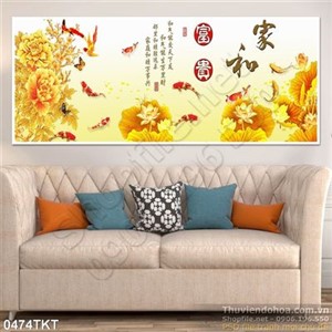 Tranh kim tiền thư pháp hoa mẫu đơn