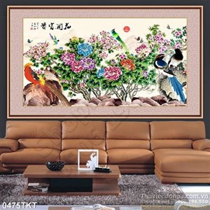 Tranh thư pháp hoa mẫu đơn và chim