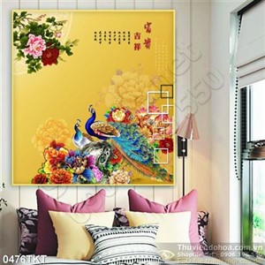 Tranh kim tiền chim công và hoa mẫu đơn