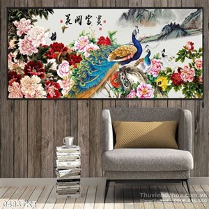 Tranh thư pháp chim công sơn thủy