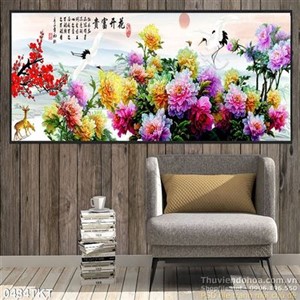 Tranh thư pháp cúc và hoa đào