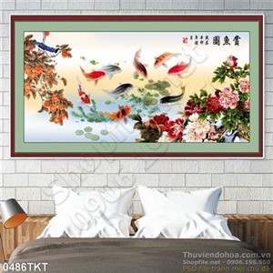 Tranh thư pháp cá Koi và hoa mẫu đơn