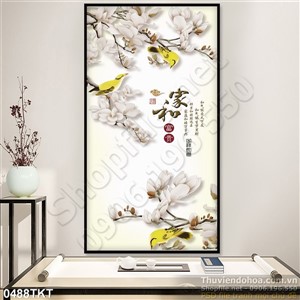 Tranh thư pháp hoa đào và chim én