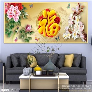 Tranh kim tiền hoa mẫu đơn và hoa sứ