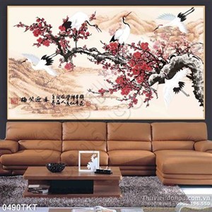 Tranh thư pháp hoa đào và chim hạc