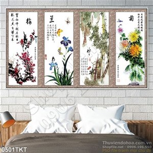 Tranh thư pháp trúc, cúc, mai