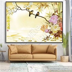 Tranh thư pháp cây trúc và hoa