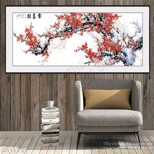 Tranh thư pháp chim hạc và hoa đào