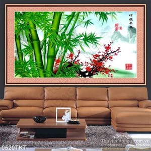 Tranh thư pháp hoa đào và cây trúc