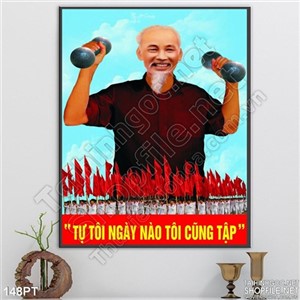 Tranh Bác Hồ tập thể thao trang trí tường