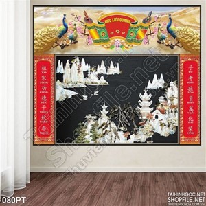 Tranh bàn thờ phong thủy chim công psd