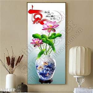 Tranh thư pháp chữ tâm và bình hoa sen