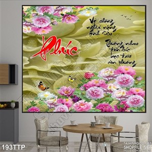 Tranh thư pháp hoa mẫu đơn và chữ phúc