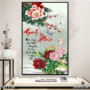 Tranh thư pháp hoa mẫu đơn và hạnh phúc