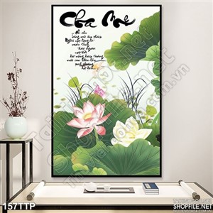 Tranh thư pháp hoa sen và cha mẹ