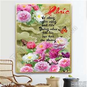 Tranh thư pháp  hoa mẫu đơn và chữ phúc