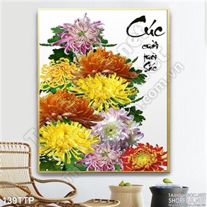 Tranh thư pháp Cúc cười tươi sắc