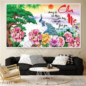 Tranh thư pháp chim công và hoa mẫu đơn