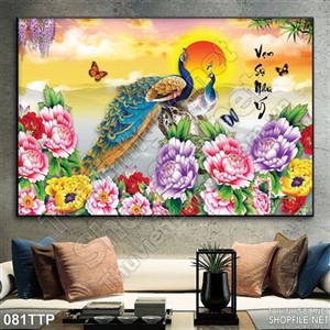 Tranh thư pháp hoa mẫu đơn và chim công